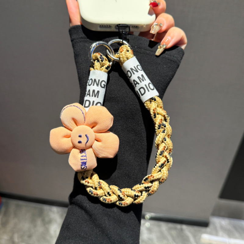 Lanière de Téléphone Portable Courte Tressée Marron avec Décoration Fleur Smiley — ECO · Smarty Paris 18e